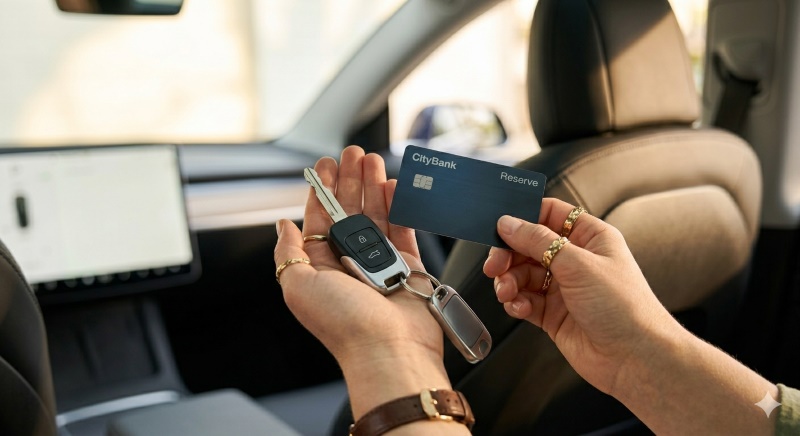 person holding credit card and car key buying short term auto insurance