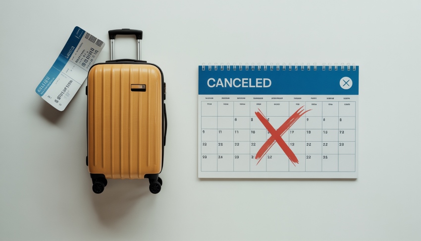 Cancelled trip with packed suitcase and marked calendar – travel insurance claim