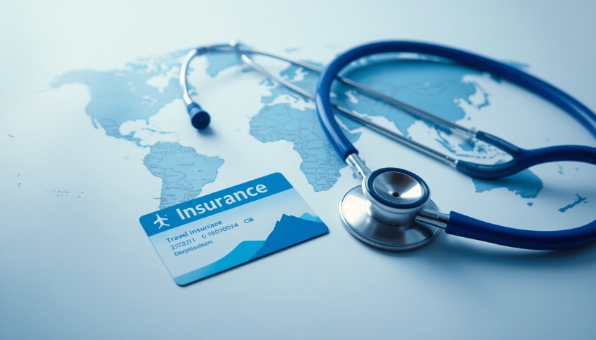 Travel medical insurance card and stethoscope on world map background